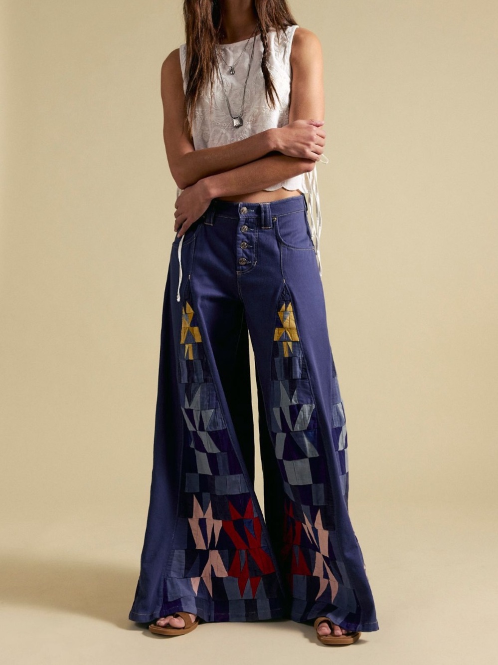 We The Free People Kaleidoscope Godet Patchwork Wide Leg Jeans 27